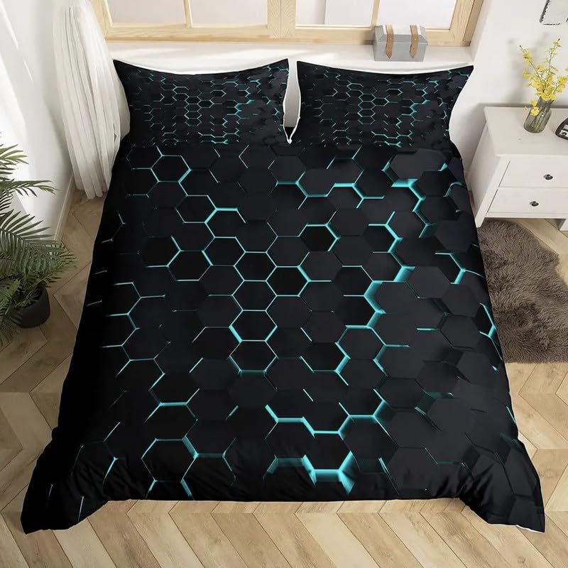 Housse de couette 90x190 bleu nid d'abeille et taie 65x65 pour lit enfant