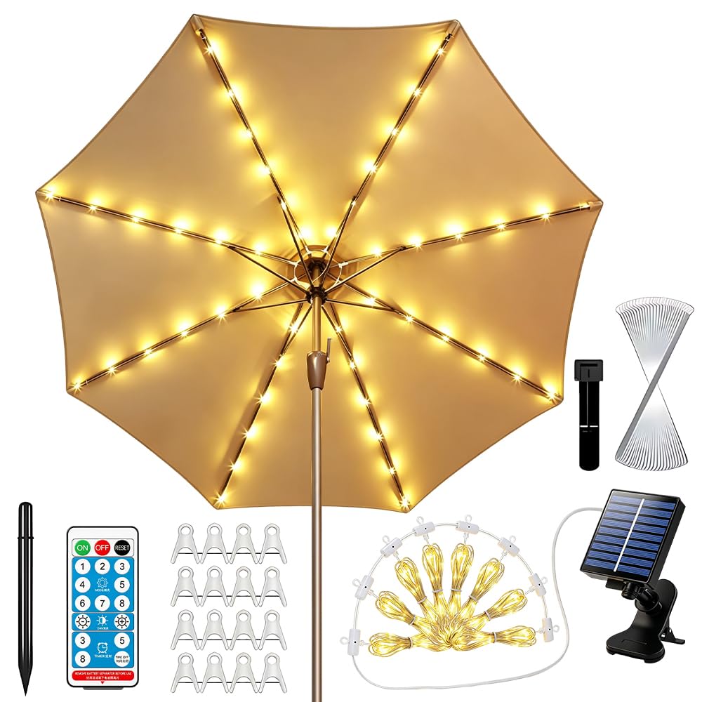 HOVCEH Parasol Lighting Solar, 104 LEDs Parasol Fairy Lights, 8 Modes Parasol Lighting with Remote Control and Clip, Fairy Lights for Parasol for Camping, Umbrella Decoration, Party