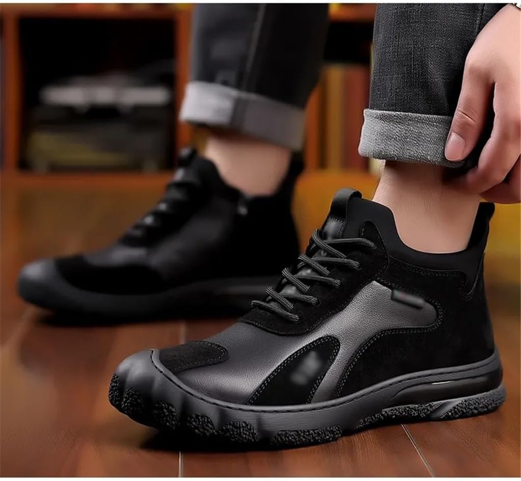 Winter Warm Leather Shoes Men's Cotton Shoes High Top Plus Fleece Sneakers Casual Woolen Leather Boots Men(42 Code)