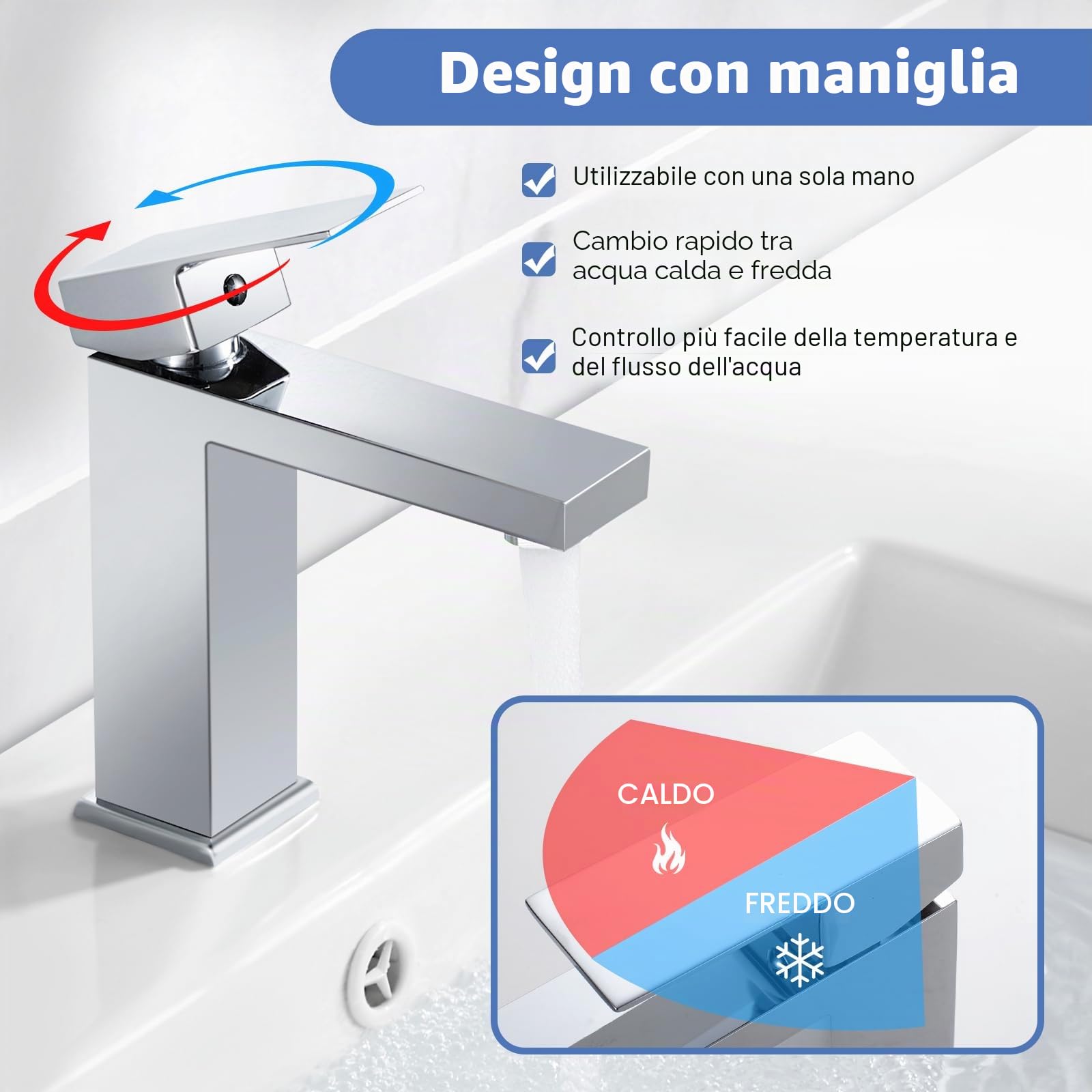 Rubinetto per Bagno, Miscelatore Monocomando per Lavabo, Rubinetto a Cascata con Altezza del Beccuccio di 115 mm, Moderna Rubinetteria per Lavabo Cromata, G3/8