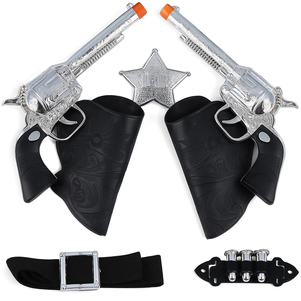 Western Wild West Cowboy Sheriff 7-Piece Accessory Set including 2x Toy Gun with Holster + Belt + Bullets + Badge