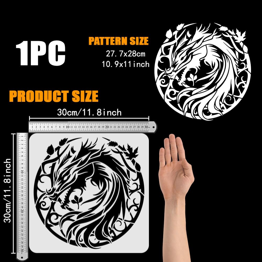 Pochoir Dragon Et Épée Réutilisable FINGERINSPIRE - 29.7x21cm - Modèle Décoratif Pour Peinture Sur Bois, Toile, Meuble - Plastique PET Durable