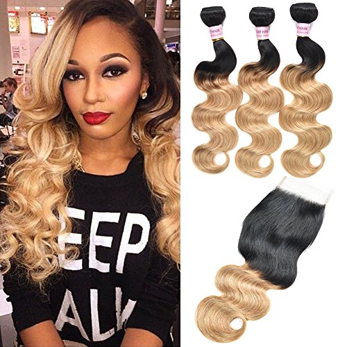 Peruvian Ombre Virgin Hair Body Wave 3 Bundles Mixed Length 100% Human Hair Extensions with 14inch Lace Closure #1b/27 Color (161618+14closure)