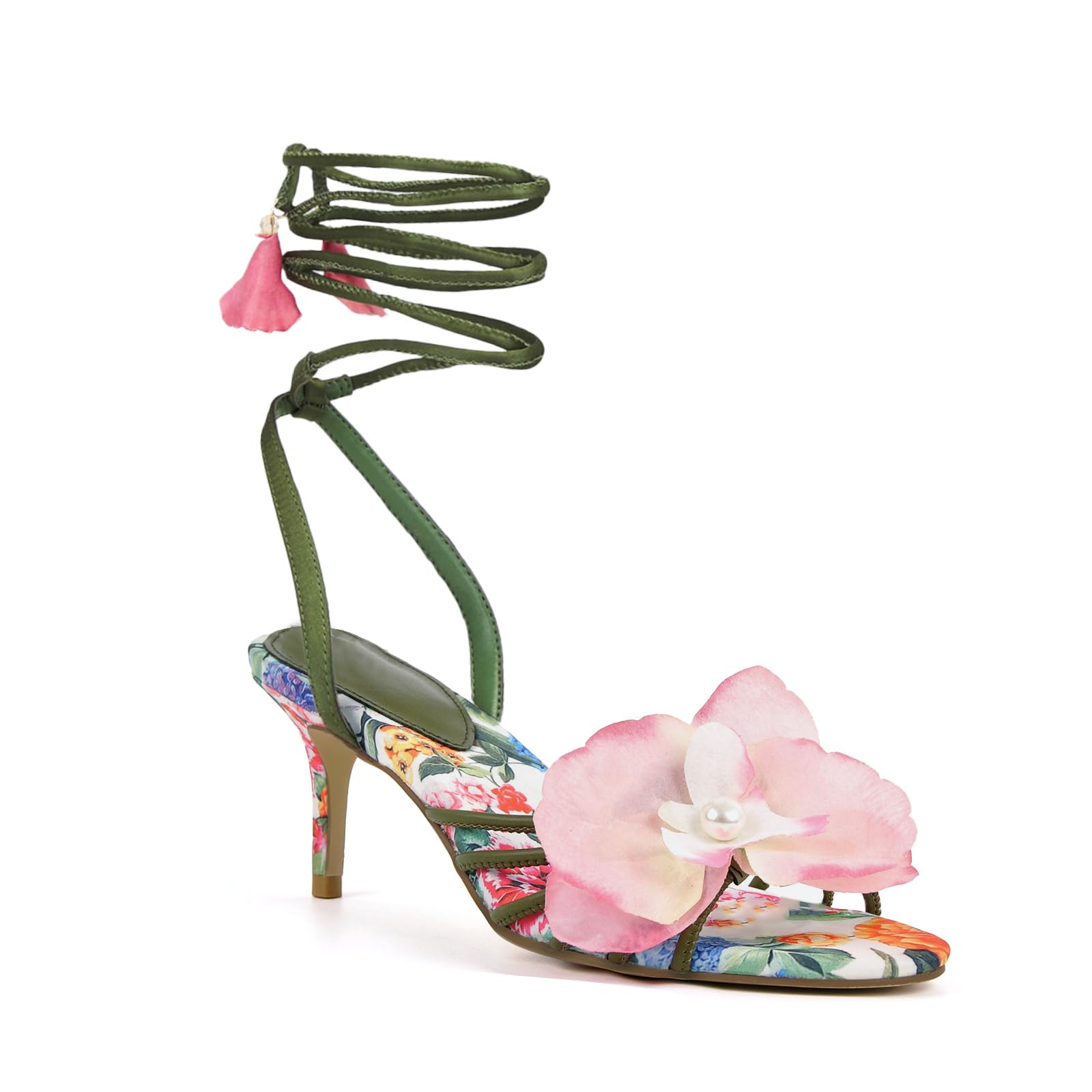 MissHeel Lace Up Flower Heels for Women Floral Kitten Heel