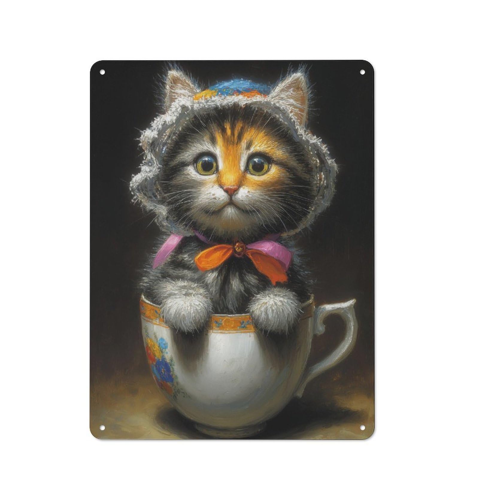 Junmoney Teacup Kitten Charm Vintage Metal Plaque 40X30cm For Dining Room Or Kitchen, For Home Decor Collectors Refreshing A Room In Autumn