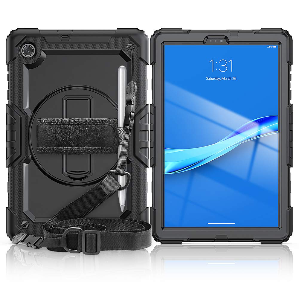 Robustrion Hybrid Armor [Full Body] & [Shock Proof] Case with 360 Rotating Hand Strap for Lenovo Tab M10 FHD Plus TB-X606V / TB-X606F / TB-X606X 10.3 inch - Black & Black