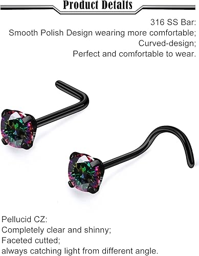 Miniatura 7 de Aretes de nariz de acero quirúrgico 316L, de 18 G, 0.71 oz, aretes de nariz hipoalergénicos con corazón de diamante, joyería para mujeres y hombres,