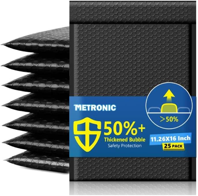 Metronic Bubble Mailers 11.26x16", Usable Size 10.5x15", 25 Pack, Black Padded Envelopes, 50% Thicker 1/7" Bubble, Self Seal Waterproof Mailing Envelopes for Books,Clothes& Small Business,#5