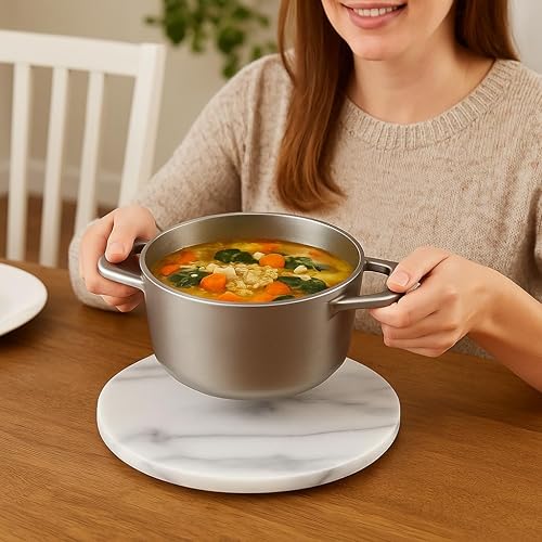 Miniatura 2 de Creative Home Salvamanteles redondos de mármol natural, tabla de queso, aperitivos de postre, bandeja de servir pan, 8 pulgadas de diámetro, blanco