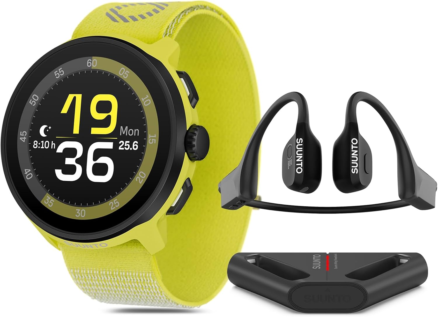 SUUNTO Run Sport Watch, Running GPS Watch Lime (w/Textile Strap) & SUUNTO Wing Open-Ear Bone Conduction Sports Bluetooth Headphones w/Charging Stand Black