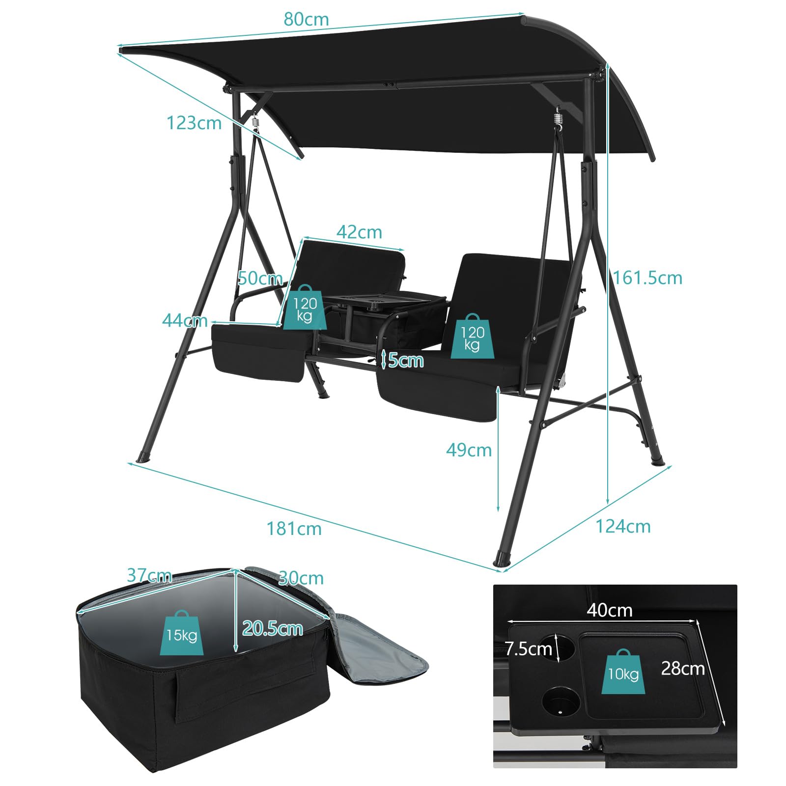 KOMFOTTEU Columpio de Jardín para 2 Personas, Balancín Terreza Exterior con Toldo Ajustable, Banco Mecedora con Bandeja y Bolsa de Refrigeración, para Balcón, Patio (Negro)