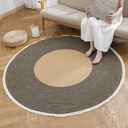 Image of Cotton Rope Rounds Rug with Tassels - Handwoven Bohemian Carpet for Living Room, Bedroom, Pooja & Home Decor, Soft & Washable Floor Mat, Beige & Black, 7x7 feet