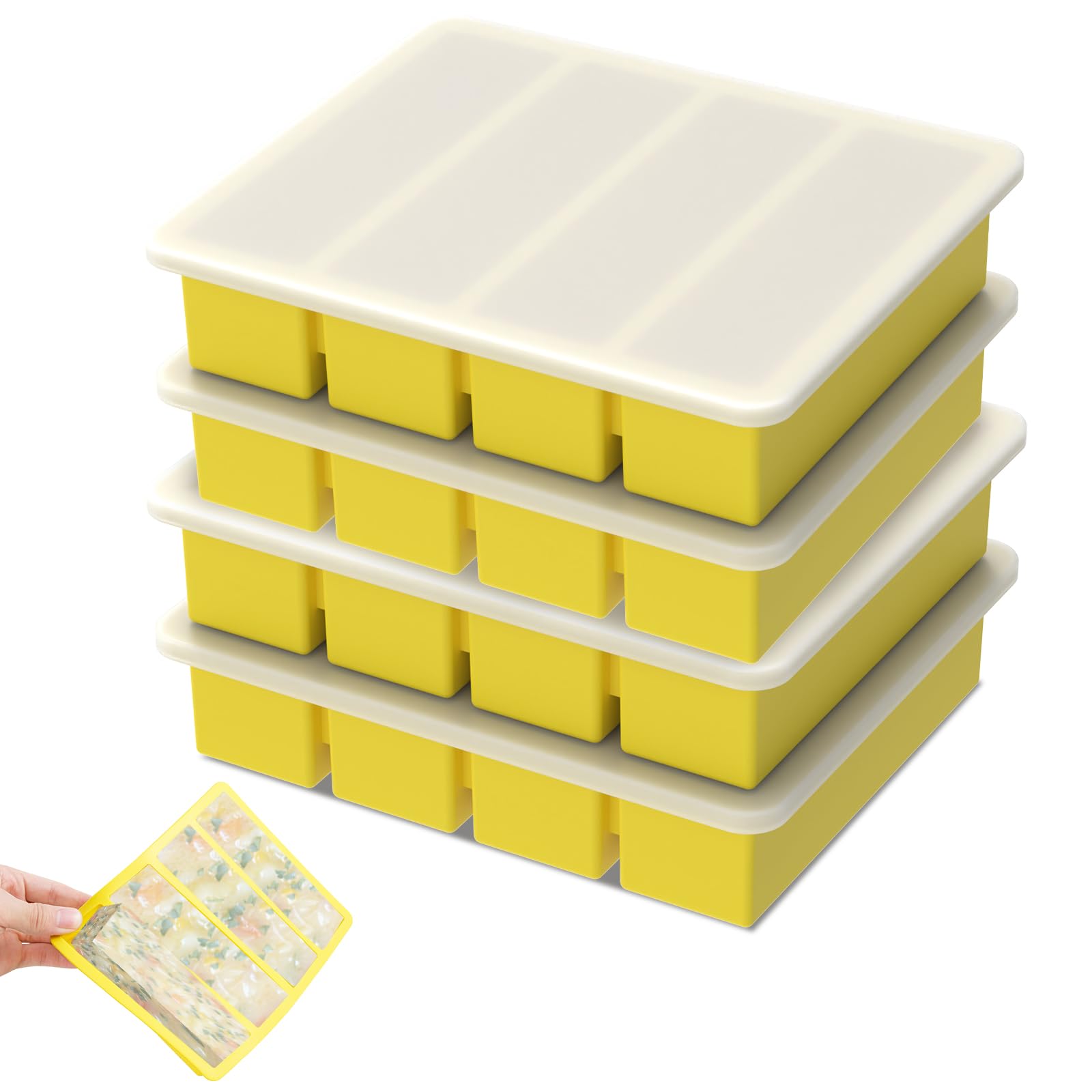 4 Pack Silicone Freezer Tray with Lid, Flexible Soup Freezer Molds, Meal Prep Soup Storage Containers, Easy Release Silicone Food Freezers Tray for Freezing Soups Sauce Leftovers(Yellow)