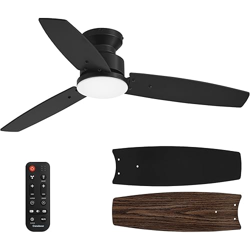 Conciseer Modern 42 Inch Ceiling Fans with Lights and Remote, Bedroom Living Room Office, Flush Mount, 18W 3CCT Dimmable, Dual Color 3 Blades 6 Speed Reversible Quiet DC Motor, Black/Wood Grain