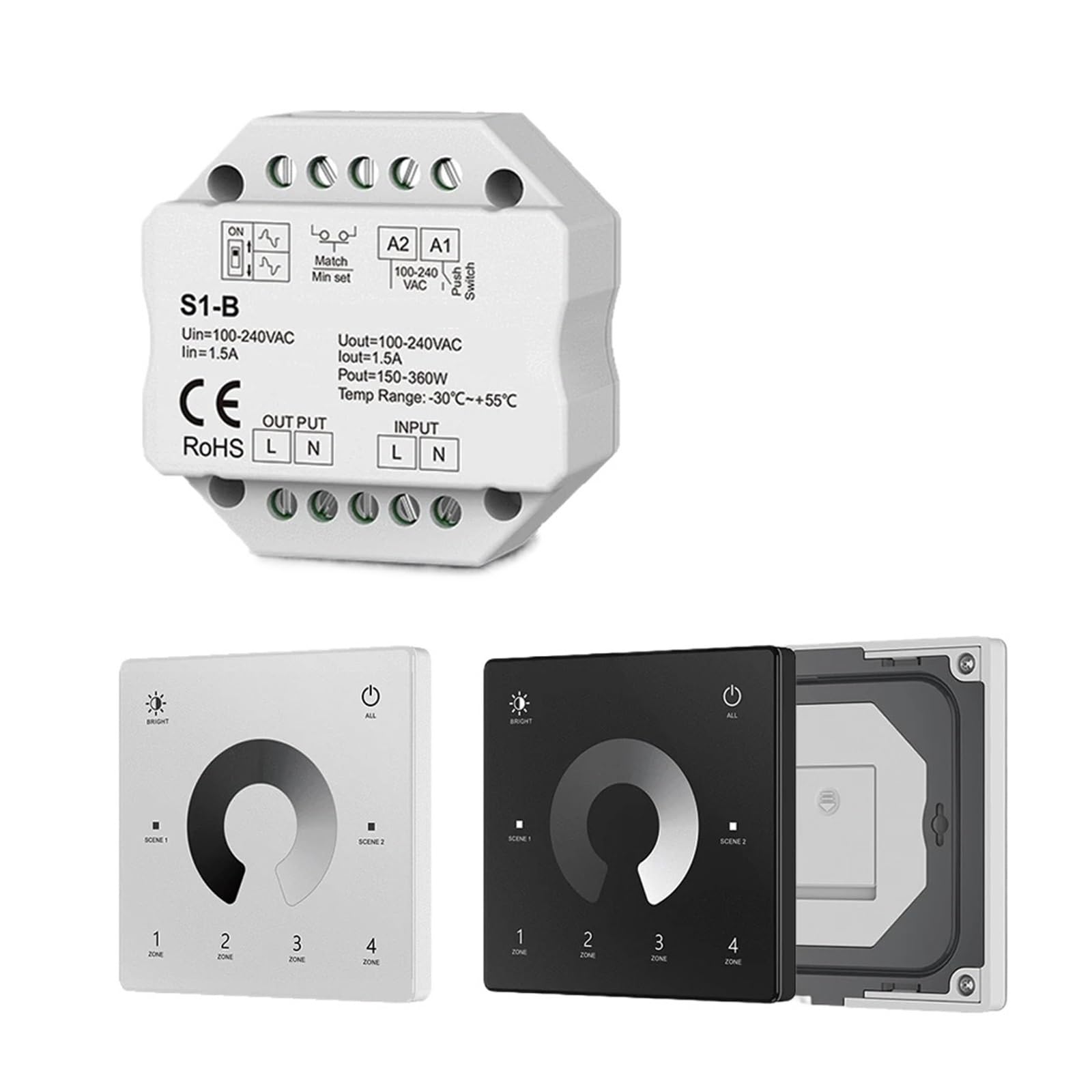 Kit de controlador de atenuación de luz LED con tiristor de CA, 110 V, 220 V, 230 V, 2,4 G, interruptor táctil de atenuación de 4 zonas, adecuado for luces LED de interior.(1xS1-B 1XTW1-4(W) KIT)