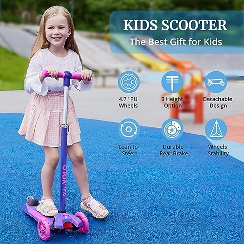 RIDEVOLO Kids' Kick Scooter for Ages 3-8, 3 Adjustable Heights, Flashing Wheels, 6" Wide Anti-Slip Deck and High Stability, Max Load 110lbs, Easy Assembly, Outdoor Activities, Gift for Boy/Girl 2 61eoj8w17QL. AC