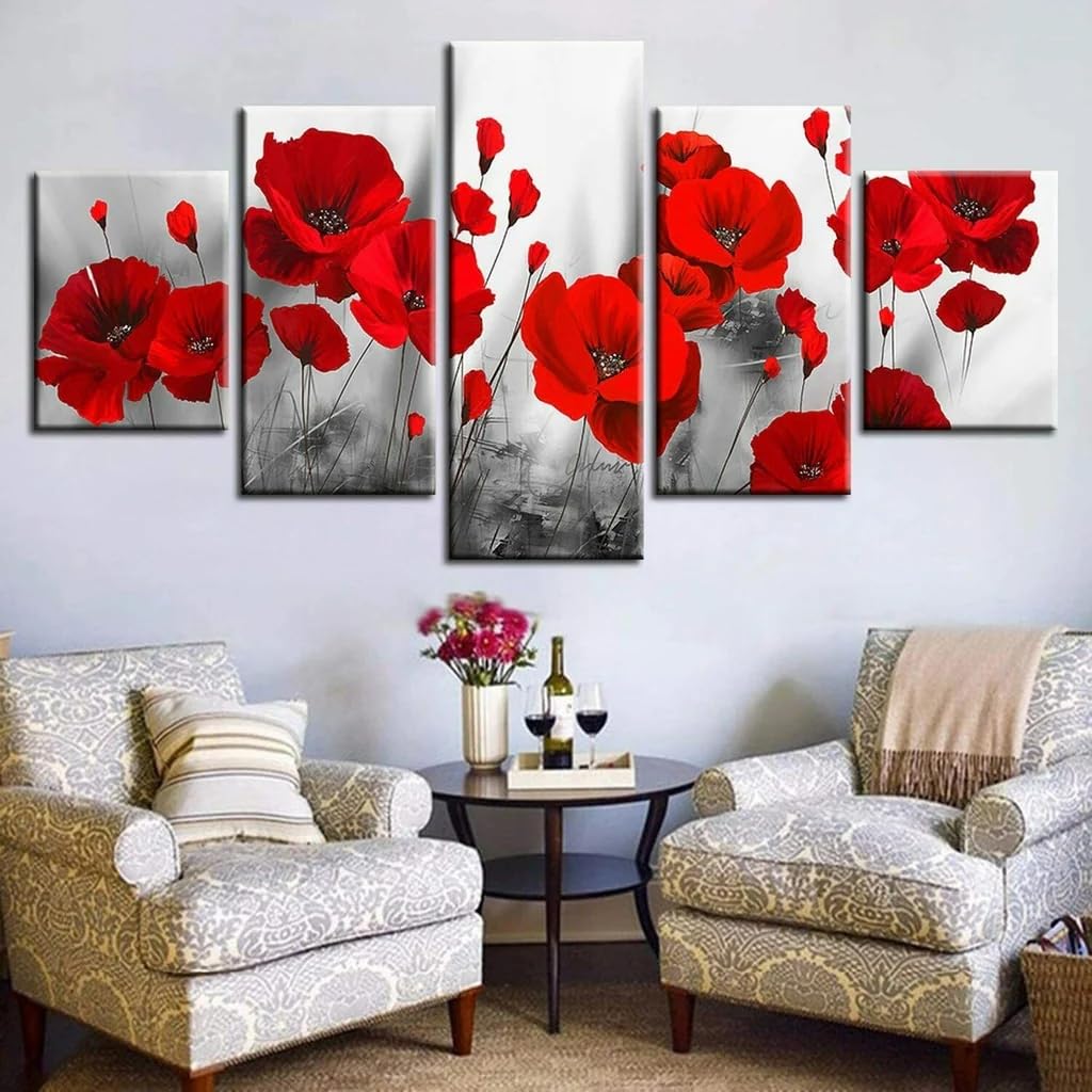 Tableau de salon fleur de pavot rouge pour décoration murale grand format 5 pièces - 7