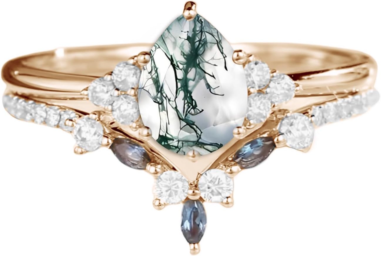 10K 14K 18K Solid Gold 1.5CT Moss Agate Engagement Ring for Women Vintage Green Agate Wedding Ring Set Pear Cut Natural Moss Agate Bridal Set with Alexandrite Free Engraving