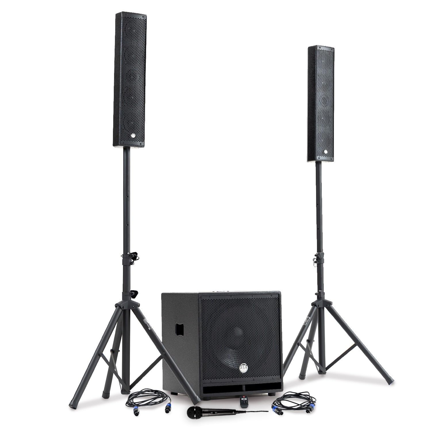 Pack Sonorisation DJ Complet BM Bmsonic BMS-15-SLIM-BT, 1200W Enceintes Satellites, SUB 38cm USB/Bluetooth, Supports Câbles, Micro
