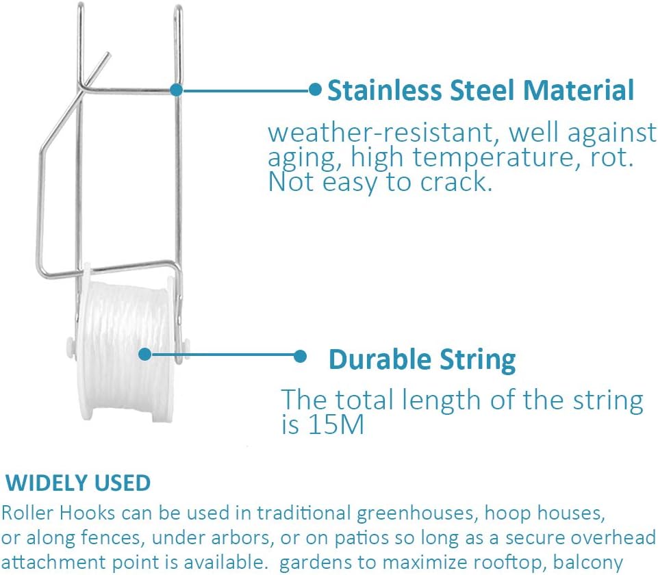 20 Pack Tomato Trellis Roller Hooks with 49.2FT String for Tomato,Plant, Greenhouse,Flower Vine Twine Crop Trellis Kit Plant Roller Hook