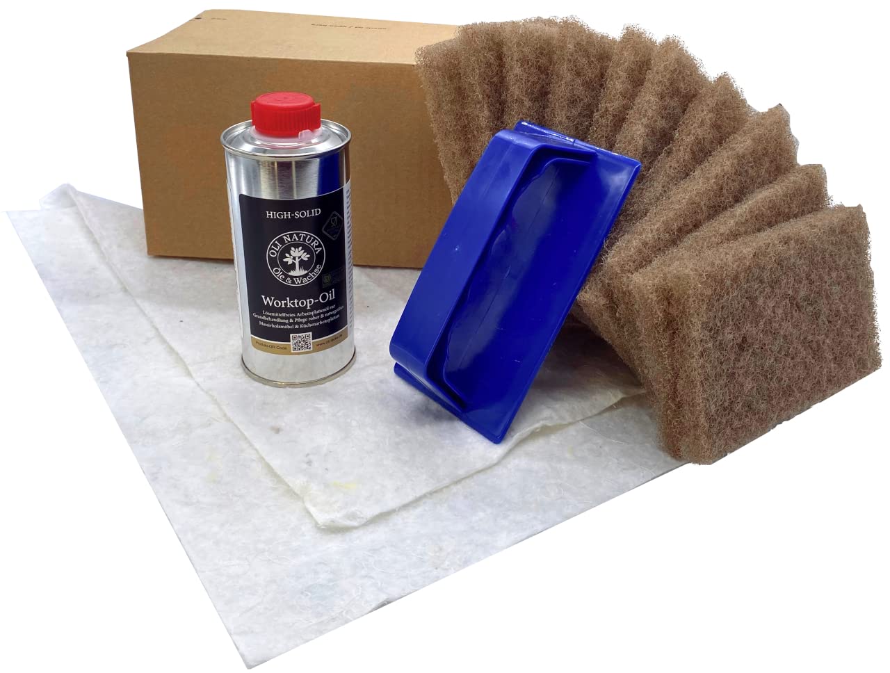 OLI-NATURA Worktop-Oil SET - Pflege-Set für Holzoberflächen - 250 ml Öl, 1 Handpadhalter mit 10 Pads, 2 Ölsaugtücher - LFGB-geprüft - Ideal für Küchenarbeitsplatten & Gastronomiemöbel