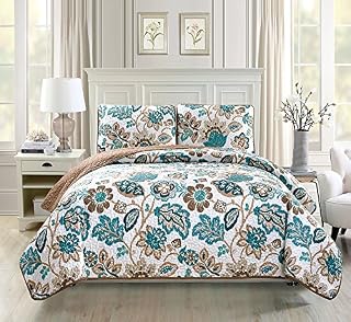 Linen Plus Quilted Bedspread Set Oversized Coverlet Floral Brown Teal White New
