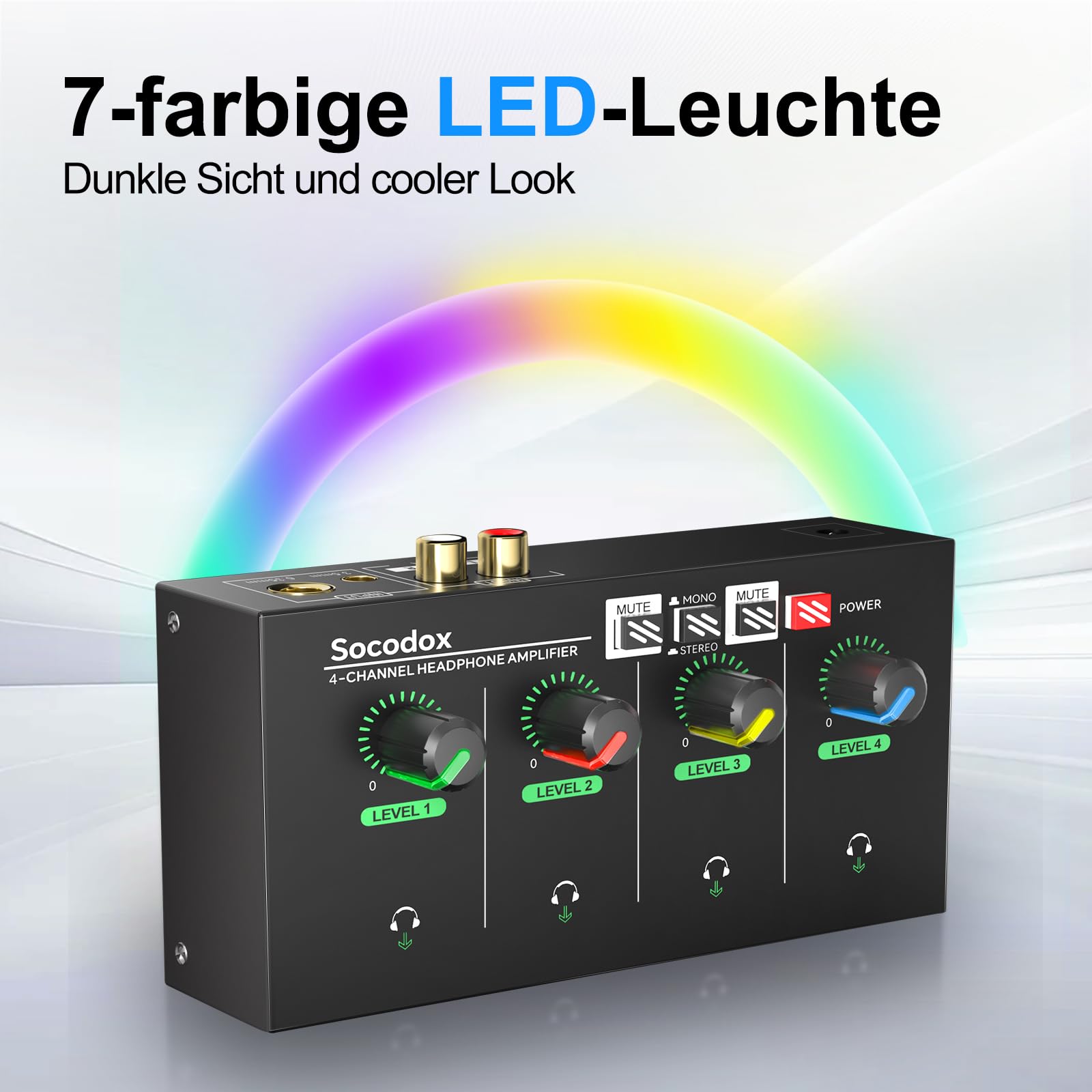 4-Kanal Kopfhörerverstärker, Kompakter Metall-Stereo-Kopfhörermischer mit 6,35 mm, 3,5 mm & RCA Eingängen, TRS Ausgängen, Stummschaltfunktion und coolem Licht, DC 12V - 14x7x3.1 cm