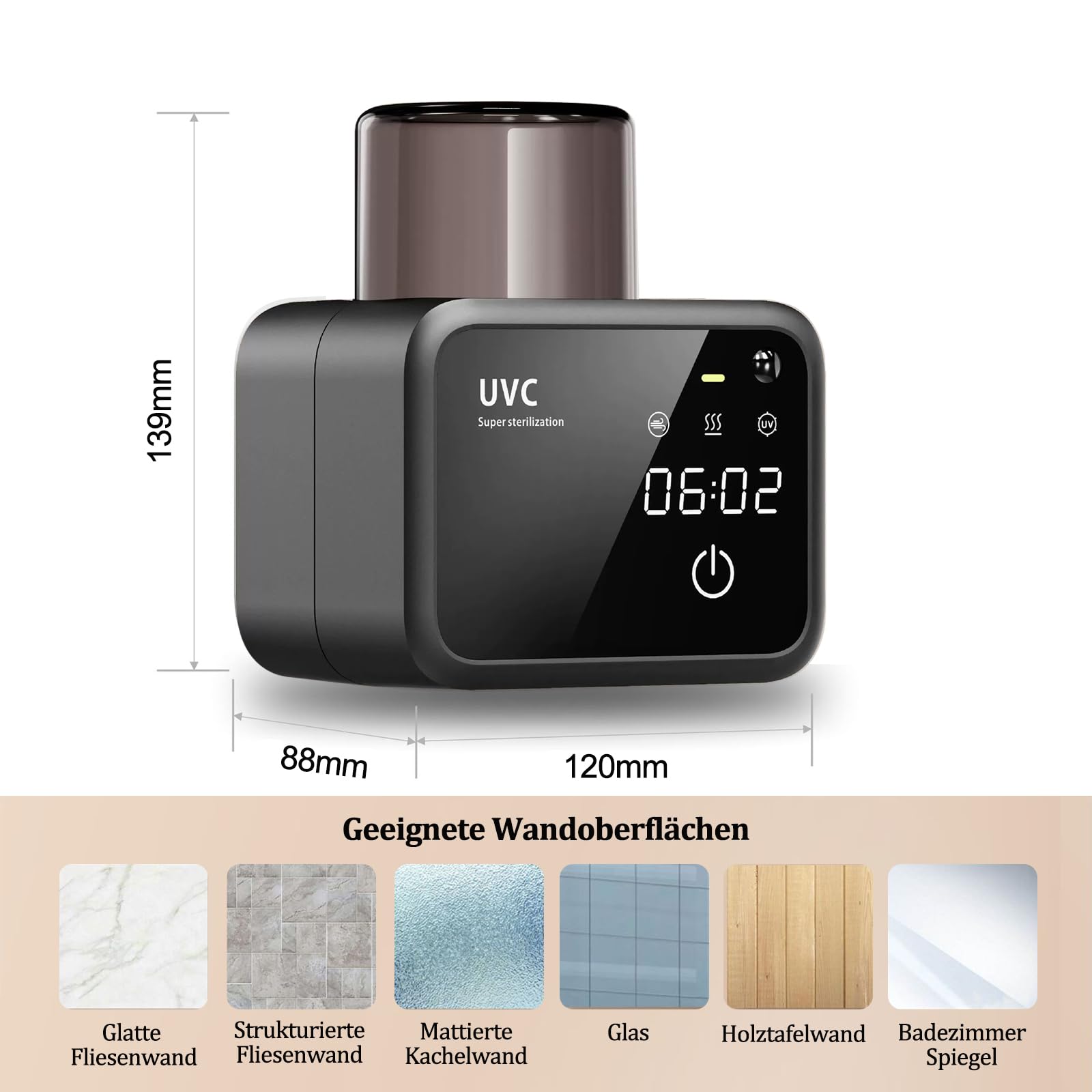 Maxspace Portaspazzolino 4000 mAh sensore portaspazzolino senza foratura, con funzione di asciugatura e timer, sterilizzatore UV con 2 fessure per spazzolino (nero)