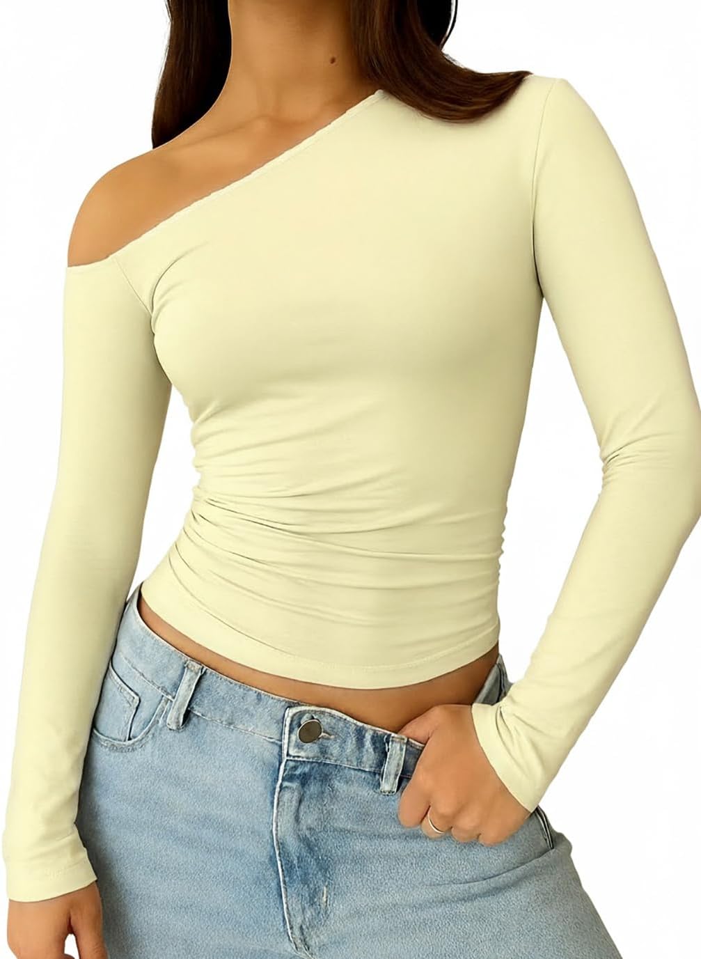 ForeFair Women Sexy Off The Shoulder Long Sleeve Top Y2k Ruched Going Out Tops Cute Slim Fit Fall T-Shirts