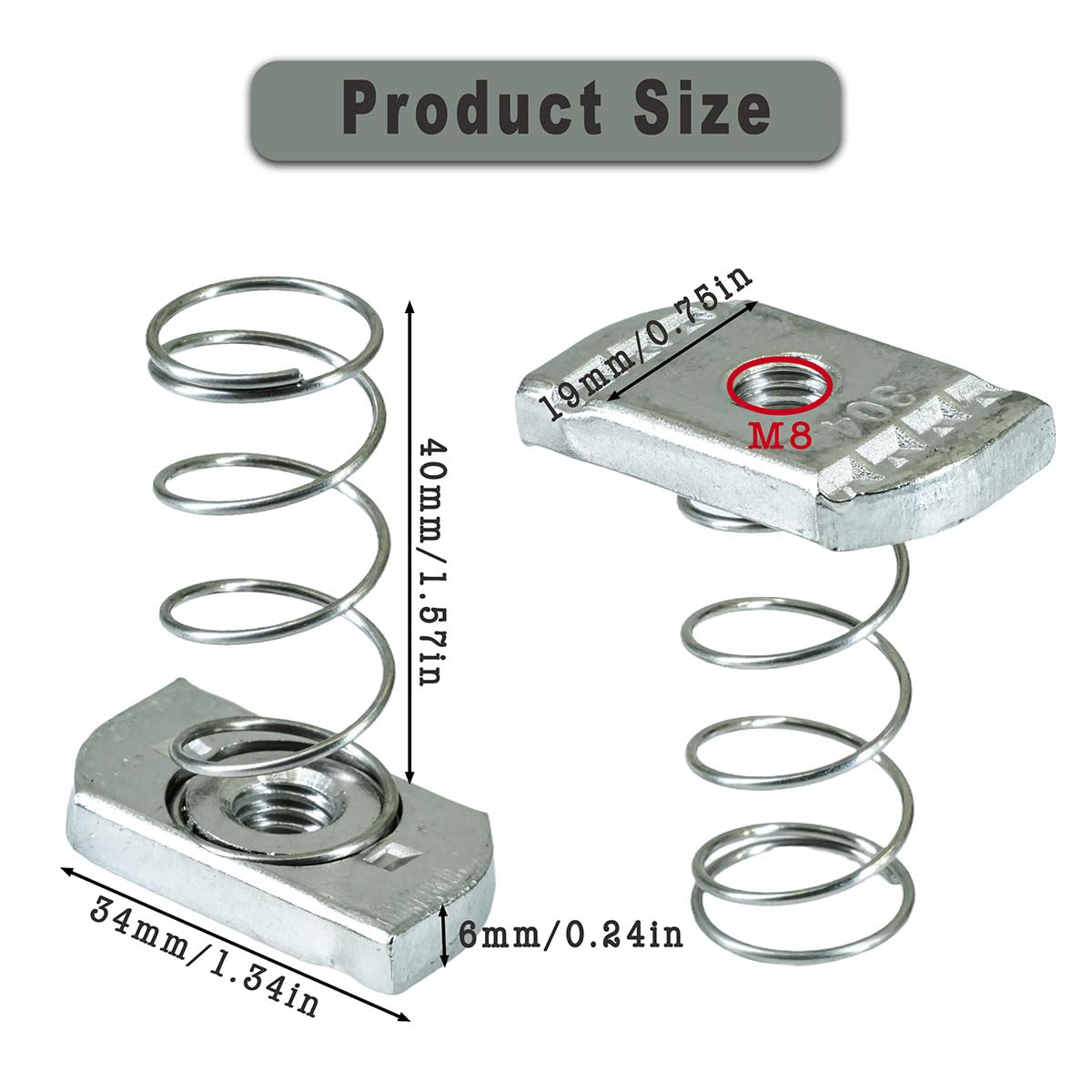 ciciment 304 Stainless Steel Strut Channel Nuts with Spring - Pack of 10 (M8), Silver - Image 2
