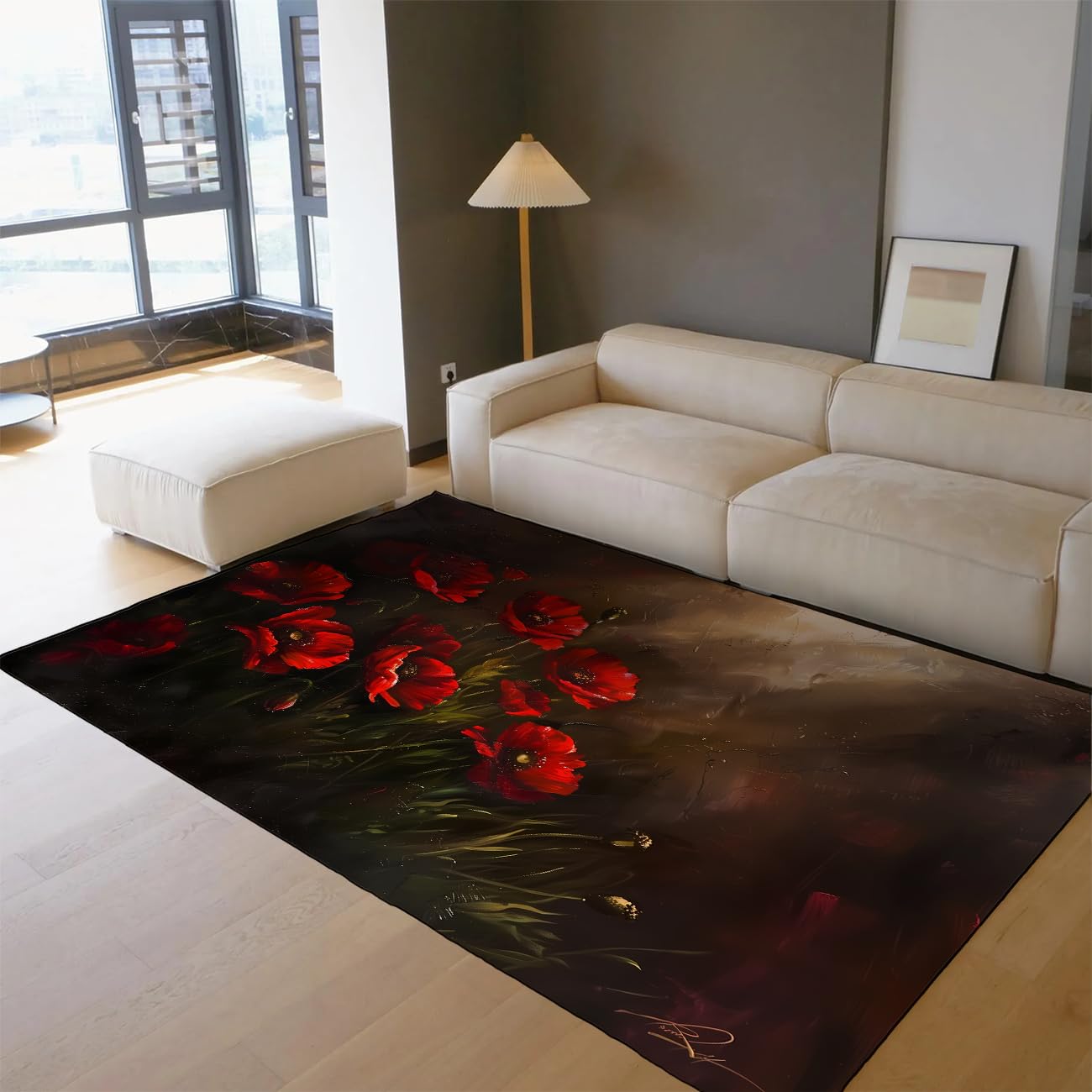 Tapis de salon lavable 240x340 cm rouge à motif floral doux et antidérapant