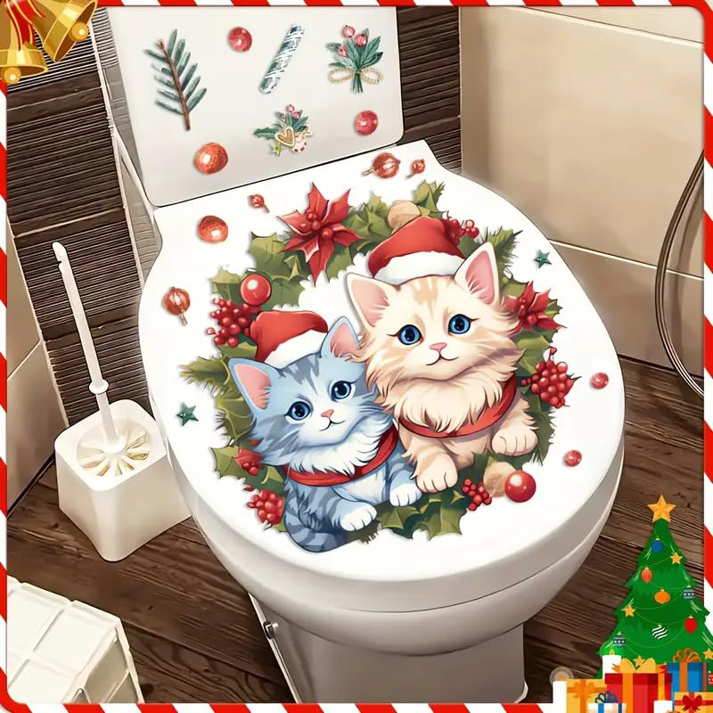 Christmas Couple Cats Toilet Cover Sticker Decals,Fish Bird Flower Leaf Waterproof Toilet Lid Tank Seat Decals Cistern Self-Adhesive Bathroom Wall Sticker