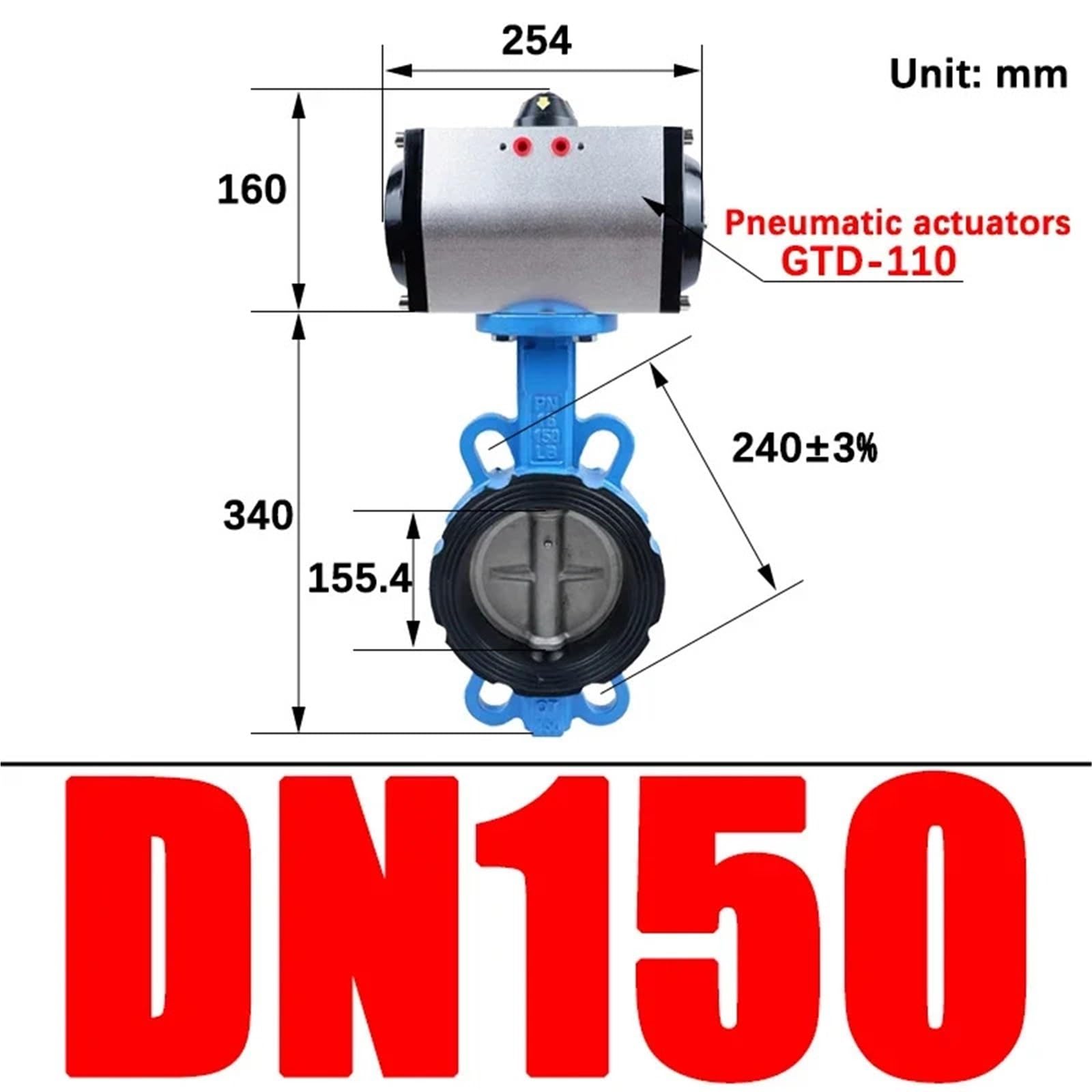Pneumatic Butterfly Valve D671X-10/16 Wafer Type Spherical Lnk 304 Stainless Steel Quick Shut-Off Valve DN50/65/80/100-300(DN150)
