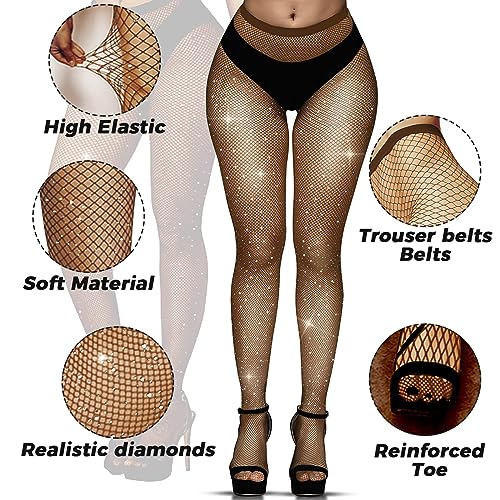 Buauty 2 pcs Sparkly Fishnet Stockings For Women,Rhinestone Fishnets Tights, Fishnet Tights Plus size, Fish Nets Fits All2
