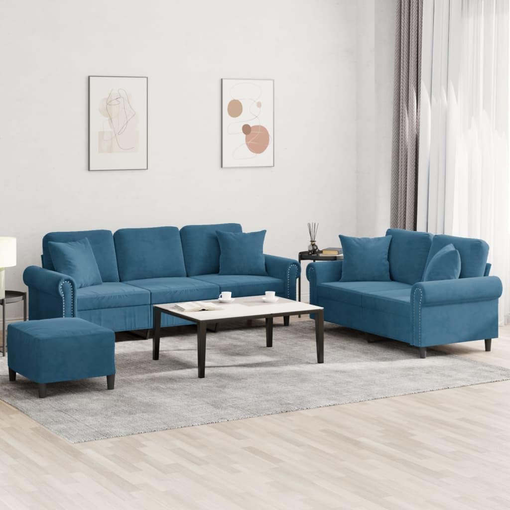Juego de 3 sofás azul: 3 plazas 212, 2 plazas 152, taburete de 60 cm, terciopelo, madera y metal, salón/oficina