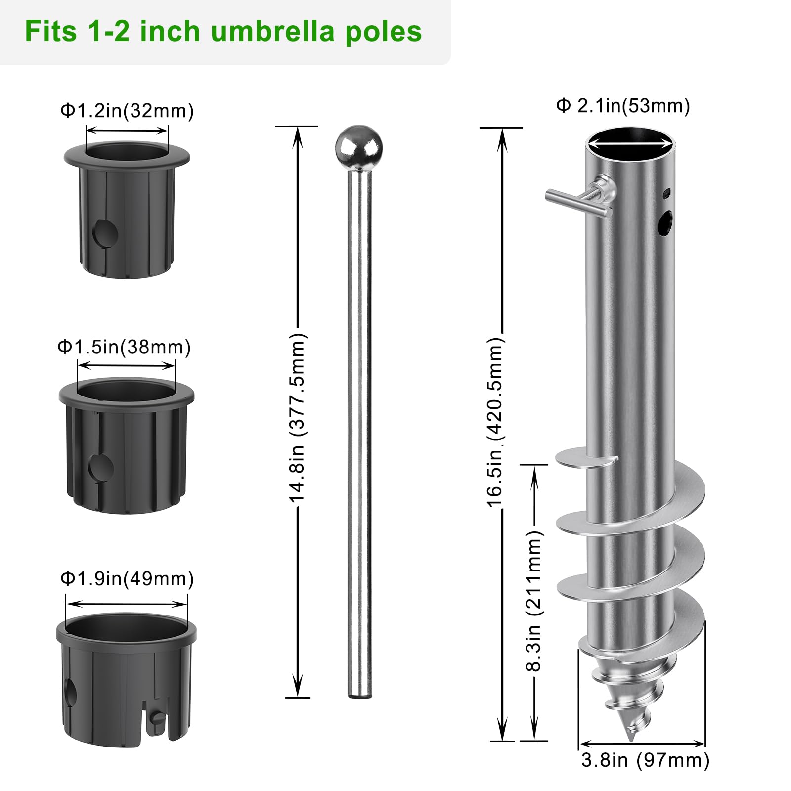 Dolibest Ancre de Sable pour Parasol de Plage en Acier Robuste (3 Manchons, mâts 2,5–5,1 cm) – Piquet Coupe-Vent à Spirale soudée pour Une stabilité optimale
