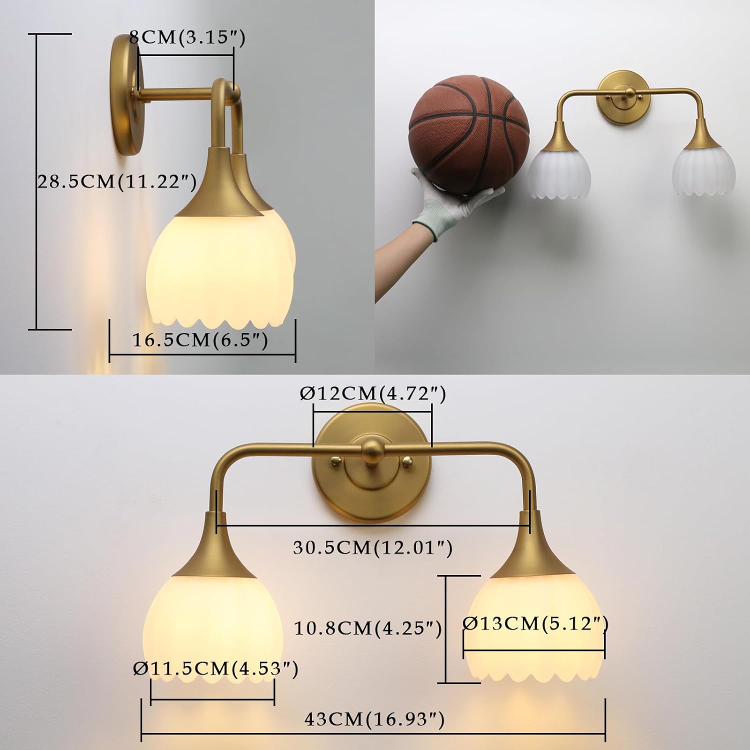 Phansthy Bathroom Vanity Light Fixtures, Hardwired 2-Light Modern Sconces Wall Light Over Mirror with Clear Tulip Glass Shade for Bedroom Living Room Hallway Kitchen (Antique Gold + White Shade)