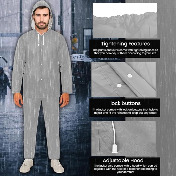 Image of EVA Full Sleeve Raincoat for Men and Women, Waterproof Hooded Reusable Rain Coat with Front Buttons, Lightweight Rain Wear for Bike Riding, Travel, Hiking and Outdoor Use