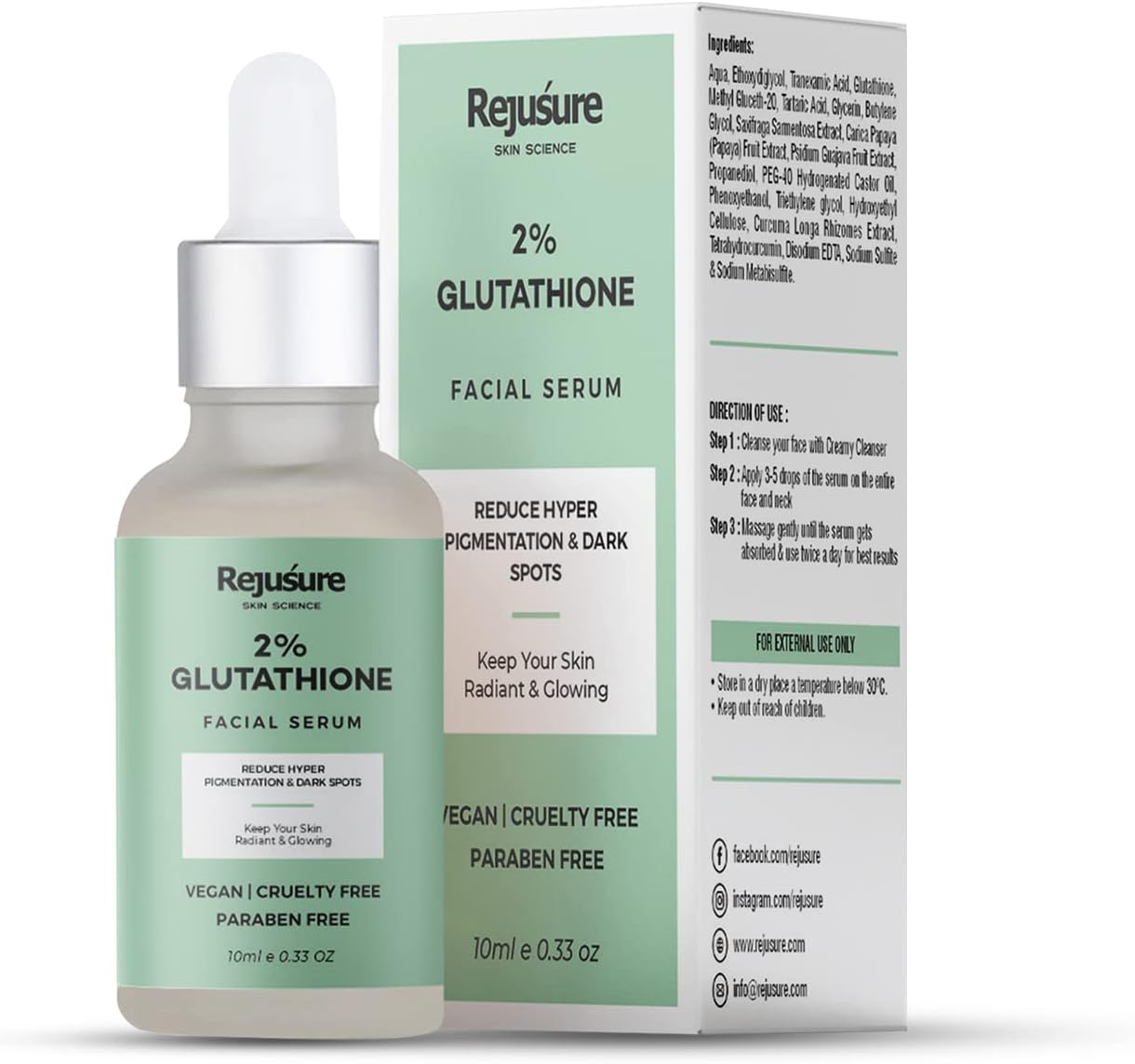 Rejusure 2% Glutathione Face Serum | Promotes Skin Lightening & Brightening | Skin Glow & Radiance |For Men & Women | Cruelty Free & Dermatologist Tested – 10 ml