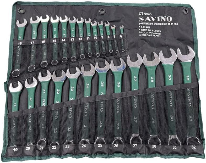 Neilsen Savino CT0985 25pc Green Dip Combination Spanner Set - 6mm to 32mm, with Dipped Handles and Wallet, Durable and Versatile Spanner Set for Automotive, DIY, and Industrial Use