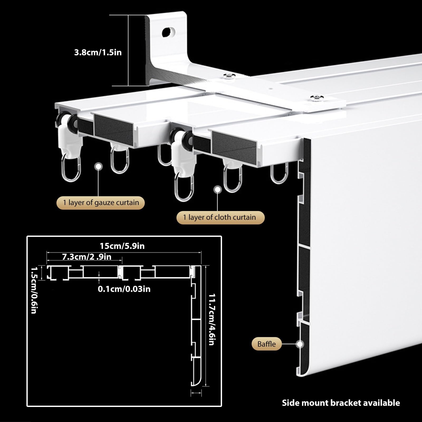Integrierter Vorhangkasten mit Doppel Vorhangschiene – Geräuschlose Gleitschiene mit Prallschiene, für Decken- & Wandmontage – Komplettes Schienensystem mit Volantstange 70cm-600cm(100cm/3.28ft)