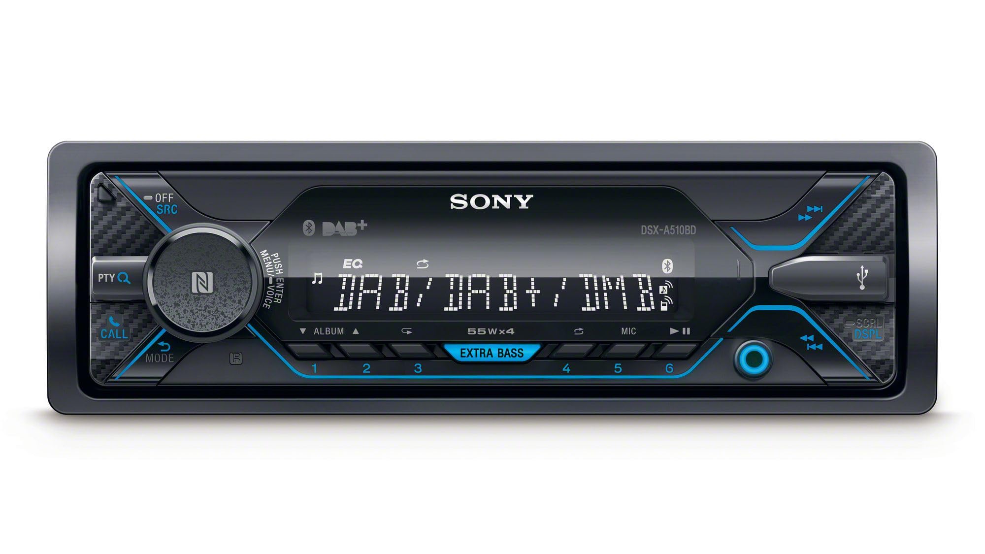 Sony DSX-A510 DAB+ Autoradio | Dual Bluetooth, NFC, USB und AUX Anschluss | Blaue Beleuchtung | Freisprechen und Streaming, blau