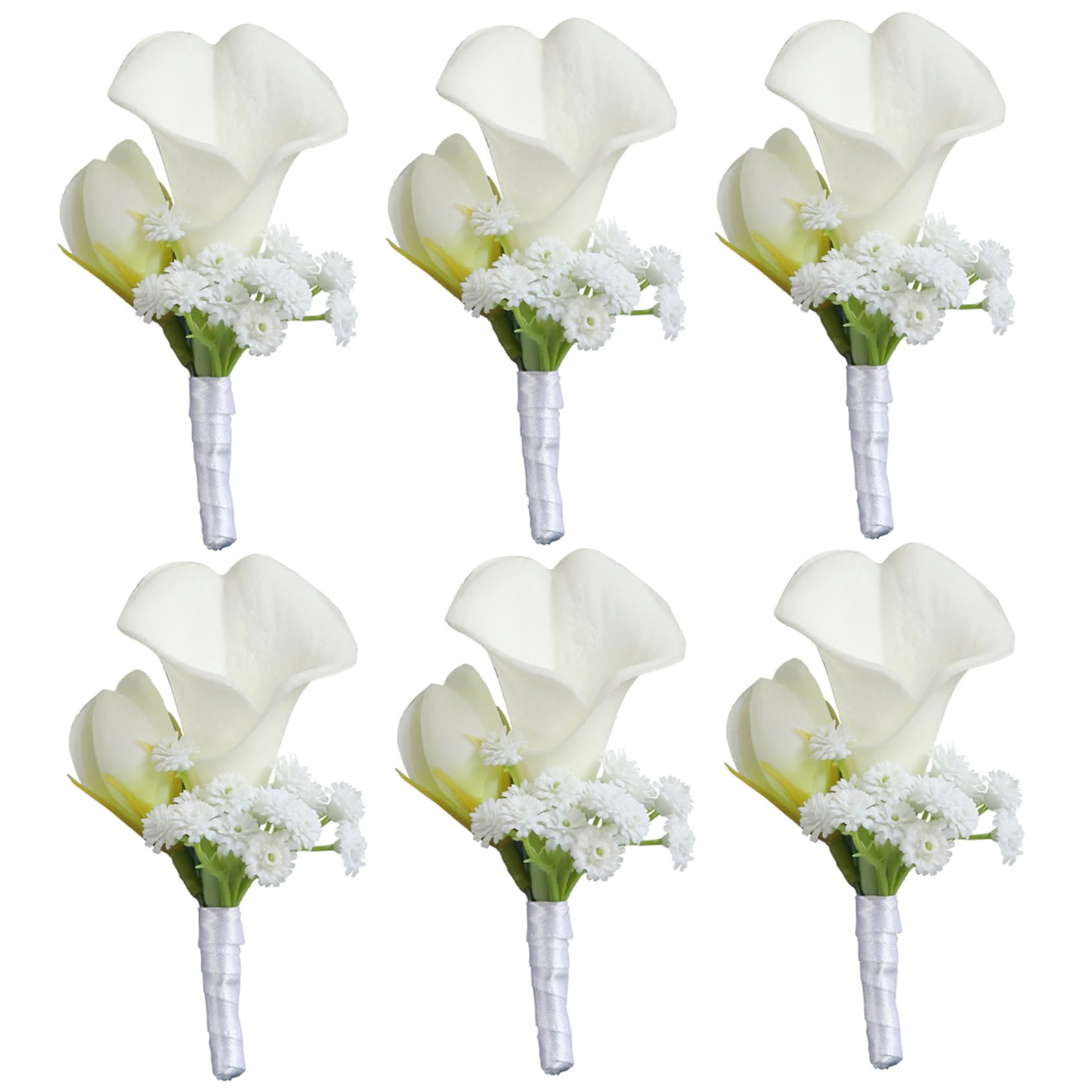 Bonalake 6Pcs Calla Lily Boutonniere for Men, Realistic Artificial Boutonniere for Weddings with Lace Wristband, Elegant White Groomsmen Boutonnieres Set