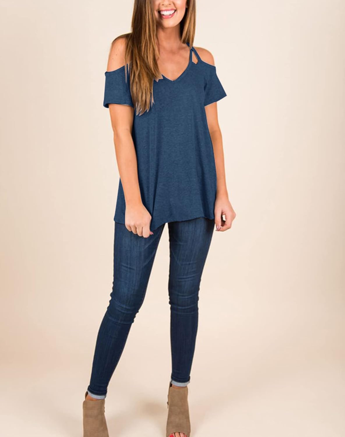 Minclouse Women's Summer Short Sleeves Tops Cold Shoulder V Neck Shirts Casual Strappy Tees - Image 3