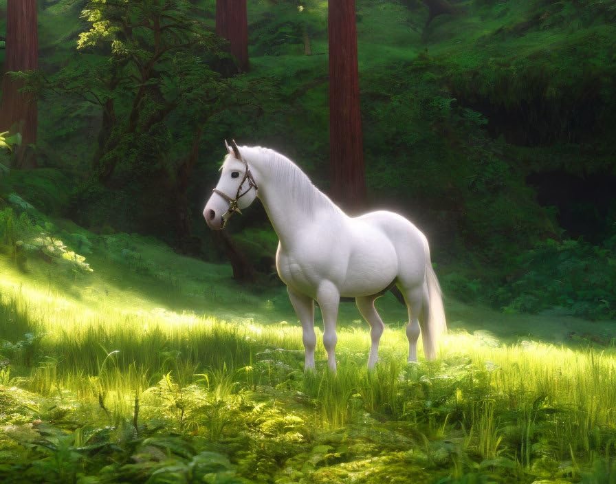 Poster cheval blanc forêt moussue illuminez un mur sombre avec cette toile 58x90cm