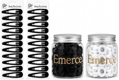 Hair Accessories Set 204pc Black and White Clips and Ties | 24 Snap Hair Clips, 90 Black Hair Ties, 90 White Hair Ties, Includes Storage Jars, Bulk Value Pack
