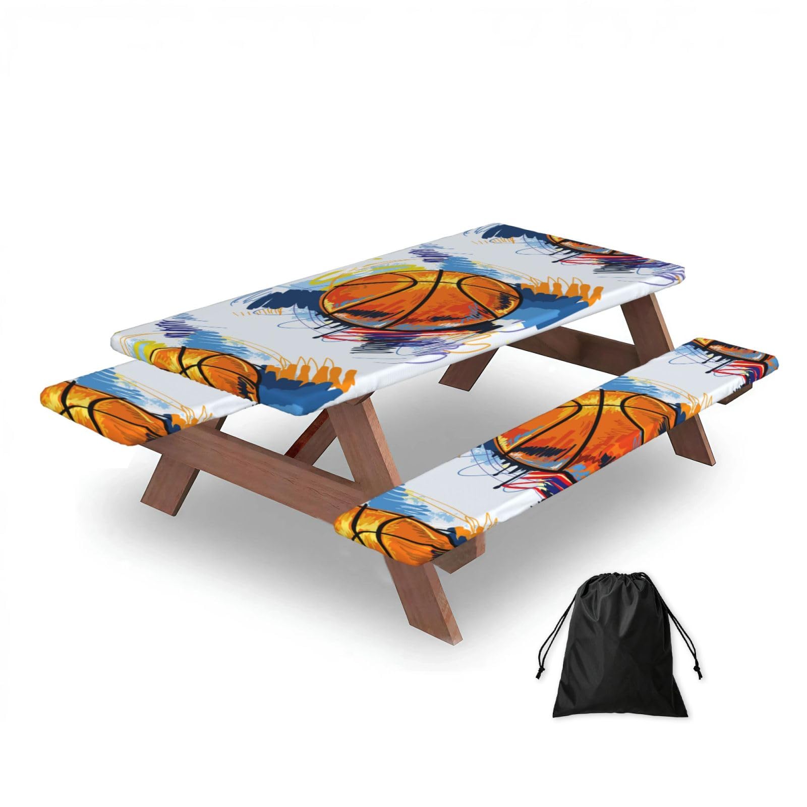 Dopklna As Picture Basketball Colorful Background Printed, Picnic Table Cover With Bench Covers -Waterproof Elastic Fitted Tablecloth For Garden Camping Patio 76X152cm