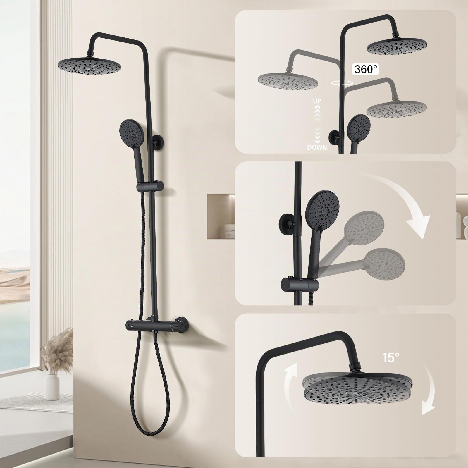 STANEW - Columna de Ducha Termostática, Conjunto de Ducha, Cuarto de Baño, Columna de Ducha, Termostato con Mezclador Ajustable en Altura, Sistema de Ducha (Negro(Redonde))