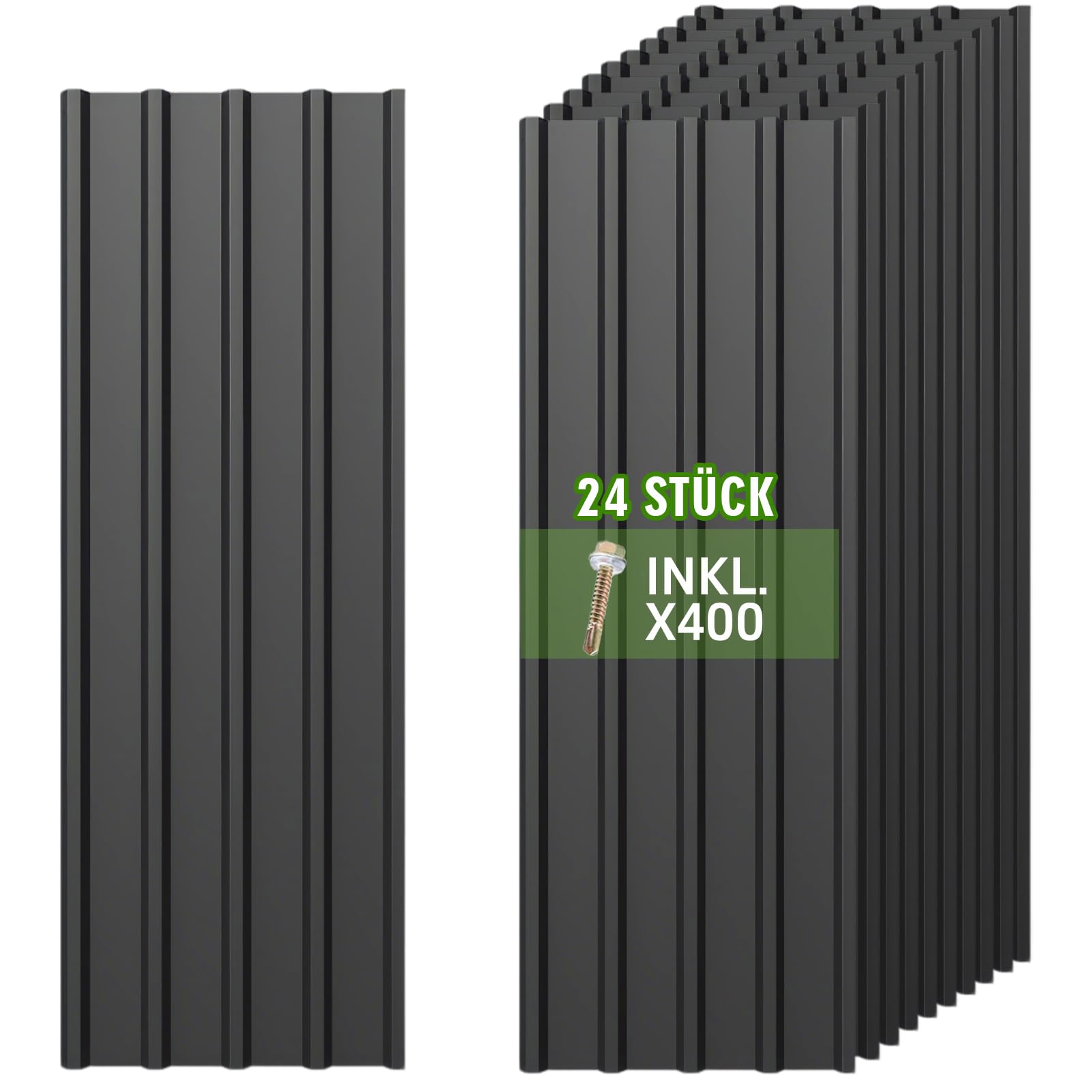 Warmfay® Profilblech Trapezblech 24er Set, 115×45 cm (12,42 m²), Wetterfest Rostresistent Verzinkte Wellblech Dachplatten mit 400 Schrauben, Schwarz Metall Dachblech für Carport, Garage, Gerätehaus