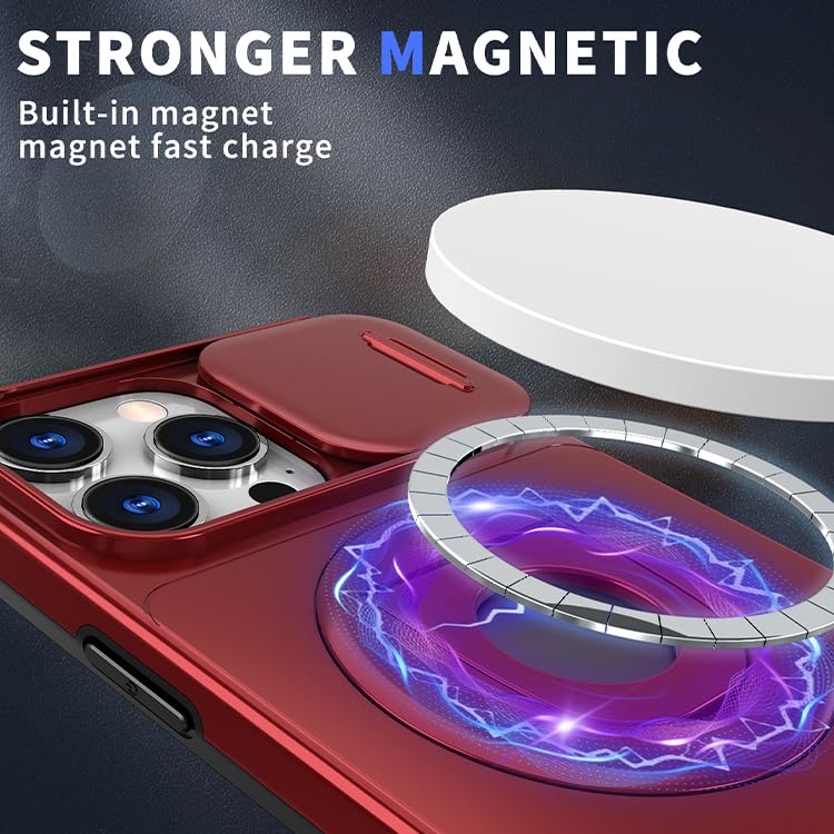 Image of LuxuryKase MagSafe Shockproof Rugged Back Case for iPhone 16 Pro | Finger Ring Kickstand & Sliding Camera Cover | Military Drop Protection | Wireless Charging Support - Red